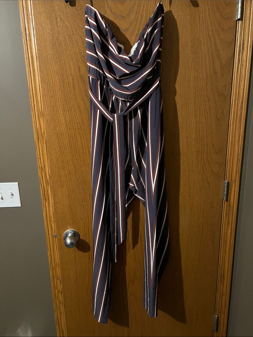 Express Navy Striped Wrap Jumpsuit with Rust and White Accents